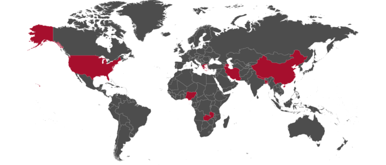 World map with Azerbaijan, Bangladesh, China, Greece, Iran, Nepal, Nigeria, The United States, and Zambia highlighted in red.