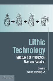 Book Cover with images of arrowheads and text, Lithic Technology: Measures of Production, Use, and Curation. Edited by William Andrefsky, Jr. 