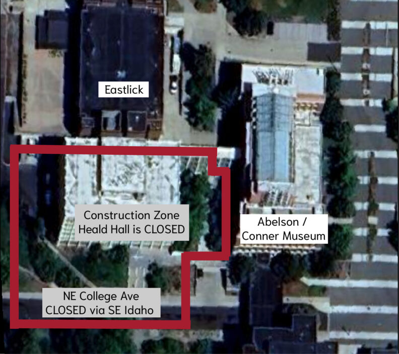 A satellite map of the area near Abelson Hall indicating construction zone around Heald Hall.