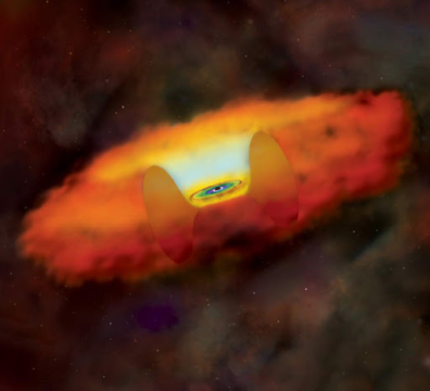 An artist's conception of an accretion disk surrounding a super massive black hole; resembles a doughnut seen edge-on.