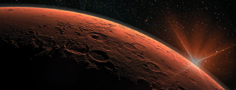 Artistic image of a portion of the planet Mars as seen from space.