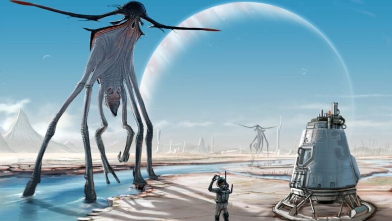 An artist's rendering of multi-limbed creatures inhabiting a hypothetical planet orbiting a distant star.