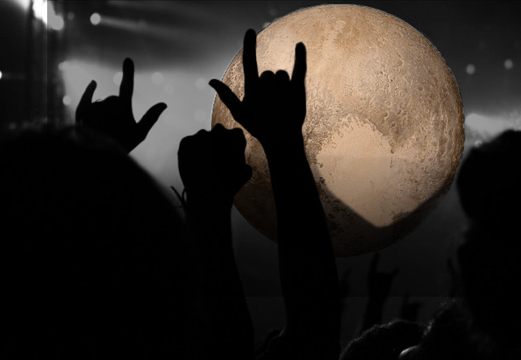 A fanciful image of Pluto with silhouettes of hands in the foreground, as if Pluto was performing onstage at a rock concert.