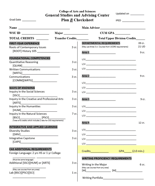Image of the Plan B Checksheet with portions highlighted