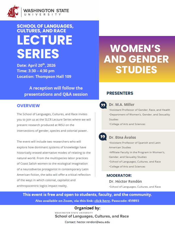 SLCR Lecture Series, Women Studies: April 20th, 3:30 at Thompson 109