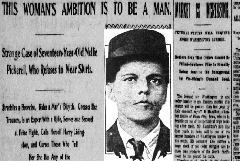 Newspaper page with photo of person in hat and suit. Headline reads, ""