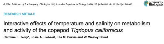 Screenshot of research article, Interactive effects of temperature and salinity on metabolism and activity of the intertidal copepod Tigriopus californicus, at The Company of Biologists website