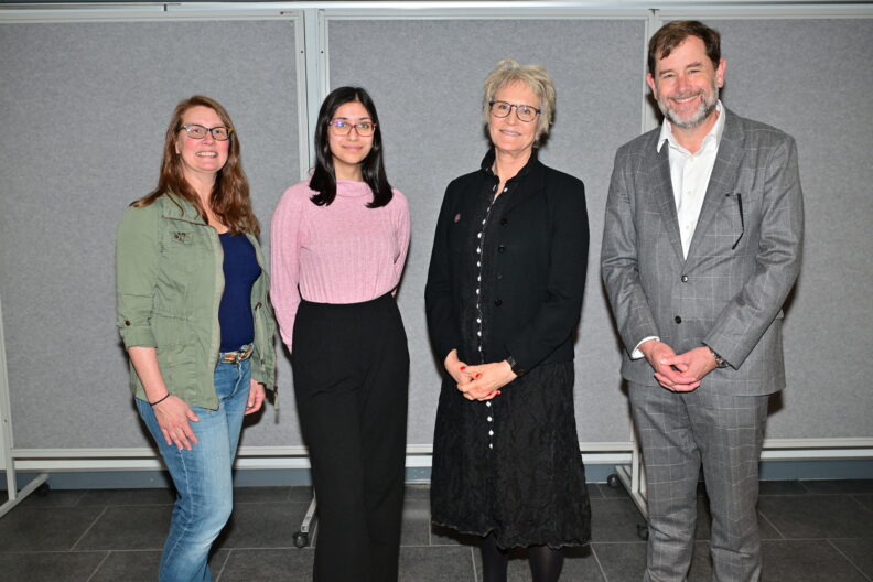from left to right, Jennifer Schwartz, Safiya Hafiz, WSU President Betsy Cantwell and Provost Riley-Tillman