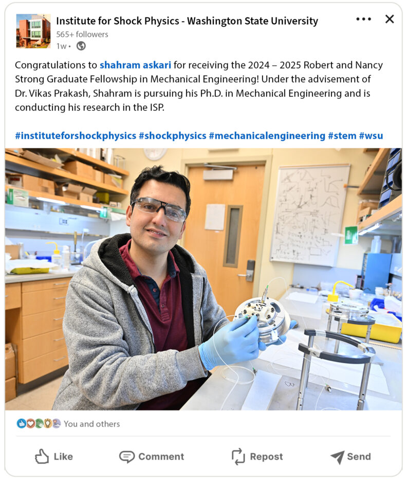 Screenshot of LinkedIn post about Shahram Askari's graduate fellowship - click to read at LinkedIn