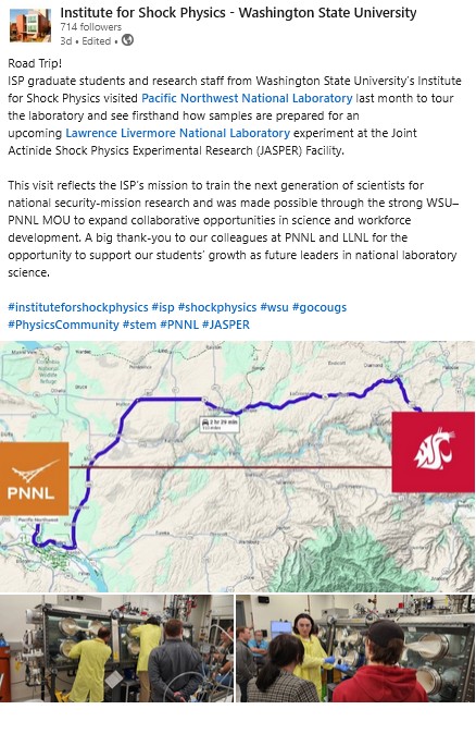 Screenshot of LinkedIn post about ISP graduate students and researchers visiting PNNL - click to read it at LinkedIn. 
