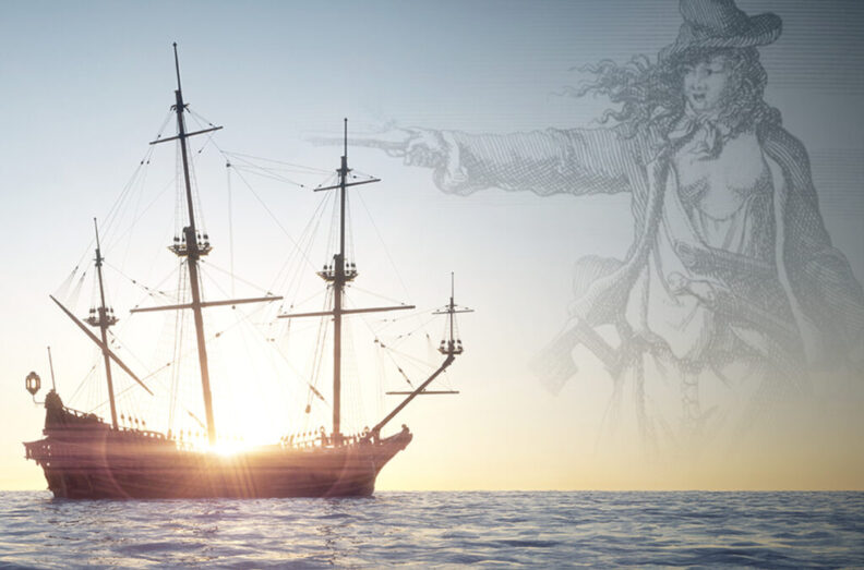 An illustration of pirate Anne Bonny superimposed in the background of a sailing ship at sea.