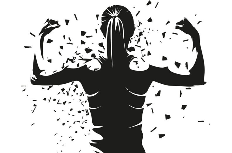 A black and white illustration of a woman raising her arms and showing strength.