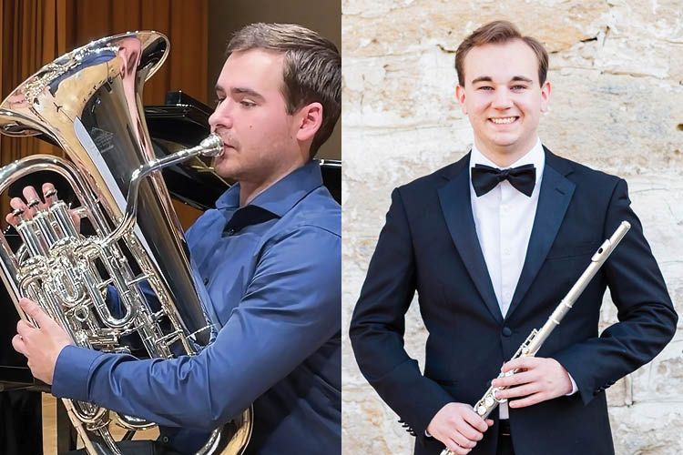 Two different photos combined into one with a young man holding a euphonium on the left and a young man in a tuxedo holding a flute on the right.