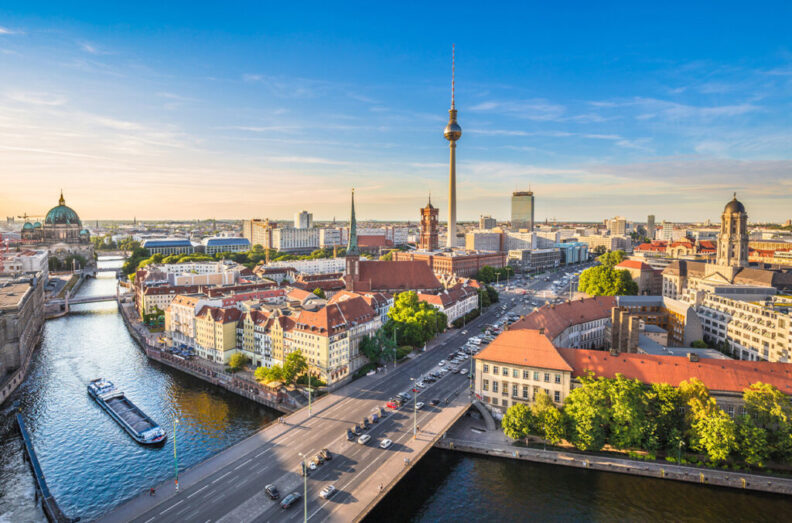 Aerial view of the Berlin skyline and the Spree River in Germany. (Photo by bluejayphoto on iStock)