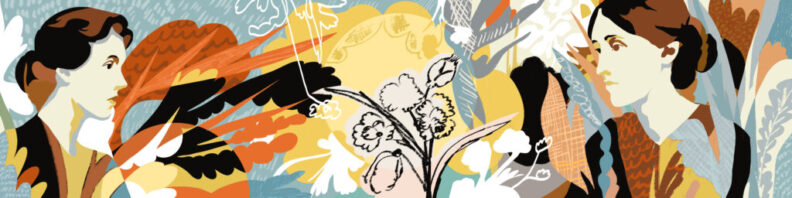 The Virginia and Vanessa mural can be found in the hallway adjacent to Manuscripts, Archives, and Special Collections (MASC) on the ground floor of Terrell Library on the Pullman campus.