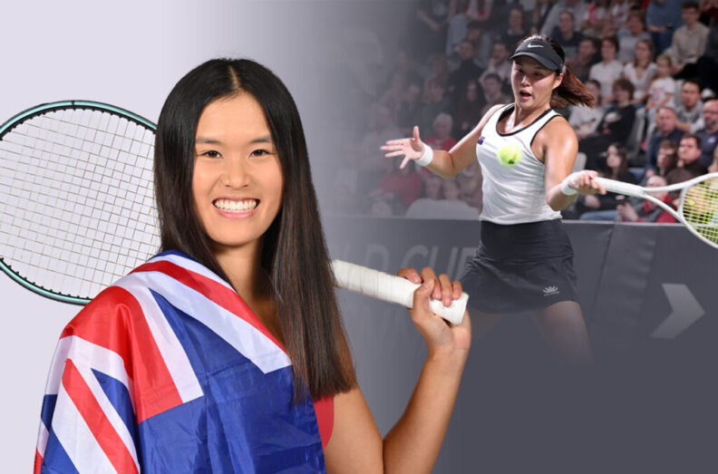 Composite featuring a closeup of Elyse Tse with a New Zealand flag on her shoulder, and a photo of Tse playing a tennis match in the Billie Jean King Cup Playoffs.