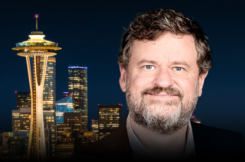 A composite featuring Ryan Blethen and a cityscape of the Space Needle and downtown Seattle.