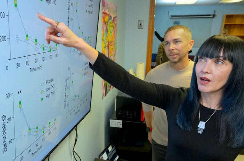 Carrie Cuttler points at a screen with study results as Ryan McLaughlin looks on.