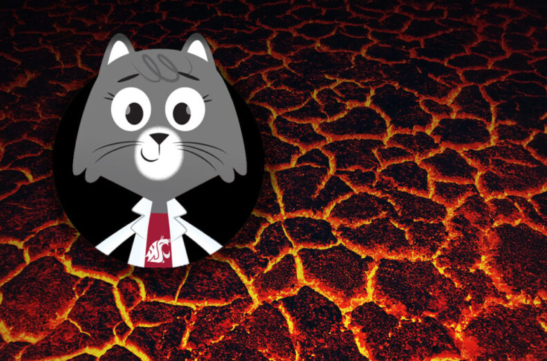 A composite featuring an illustration of Doctor Universe and a closeup of a lava field.