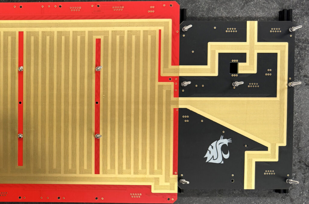Closeup of a circuit board printed by the Clowers Laboratory.