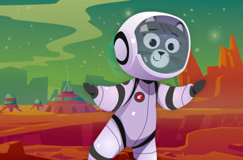 An illustration featuring Dr. Universe wearing a spacesuit outside a fictional space station on a remote planet.