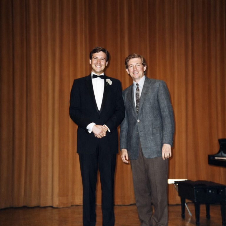 Gary Jacobson (left) during his master’s graduation performance with his faculty advisor Howard Deming, 1969