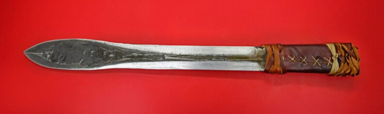 Closeup of a short, double-edged sword crafted by members of the WSU Material Advantage Club.
