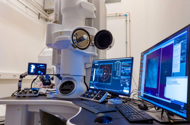 Computer workstations for a transmitting electron microscope.