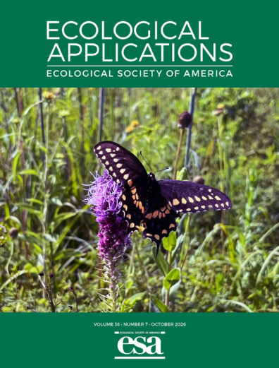 Journal cover: Ecological Applications, Ecological Society of America; Volume 26, Number 7, October 2026 with image of butterfly on flower. 
