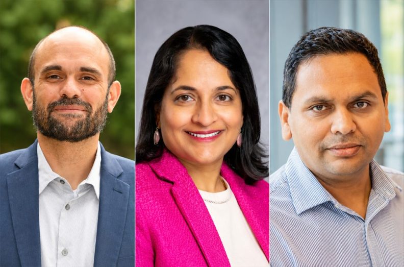 Closeup of WSU faculty members David Makin, Radha Nandagopal, and Praveen Sekhar.