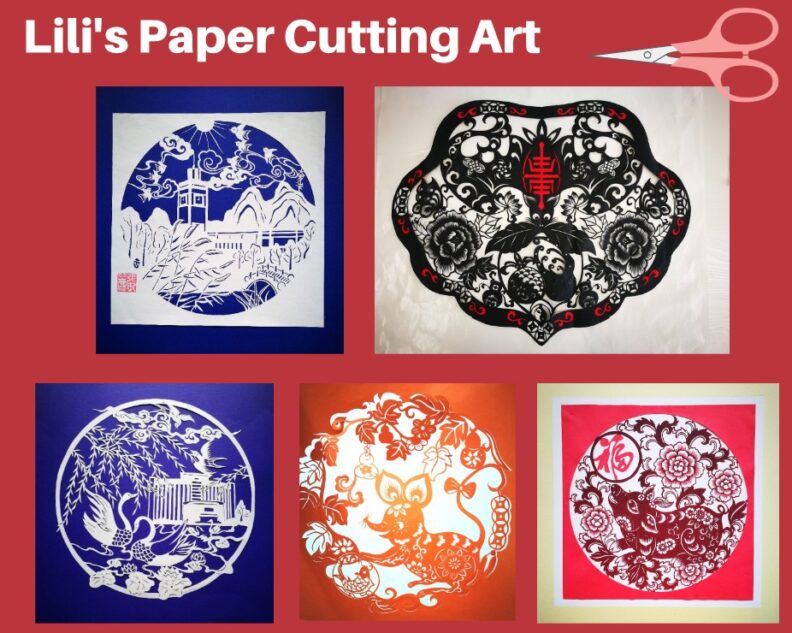Examples of Lili's paper cutting art featuring buildings, animals, flowers and more.