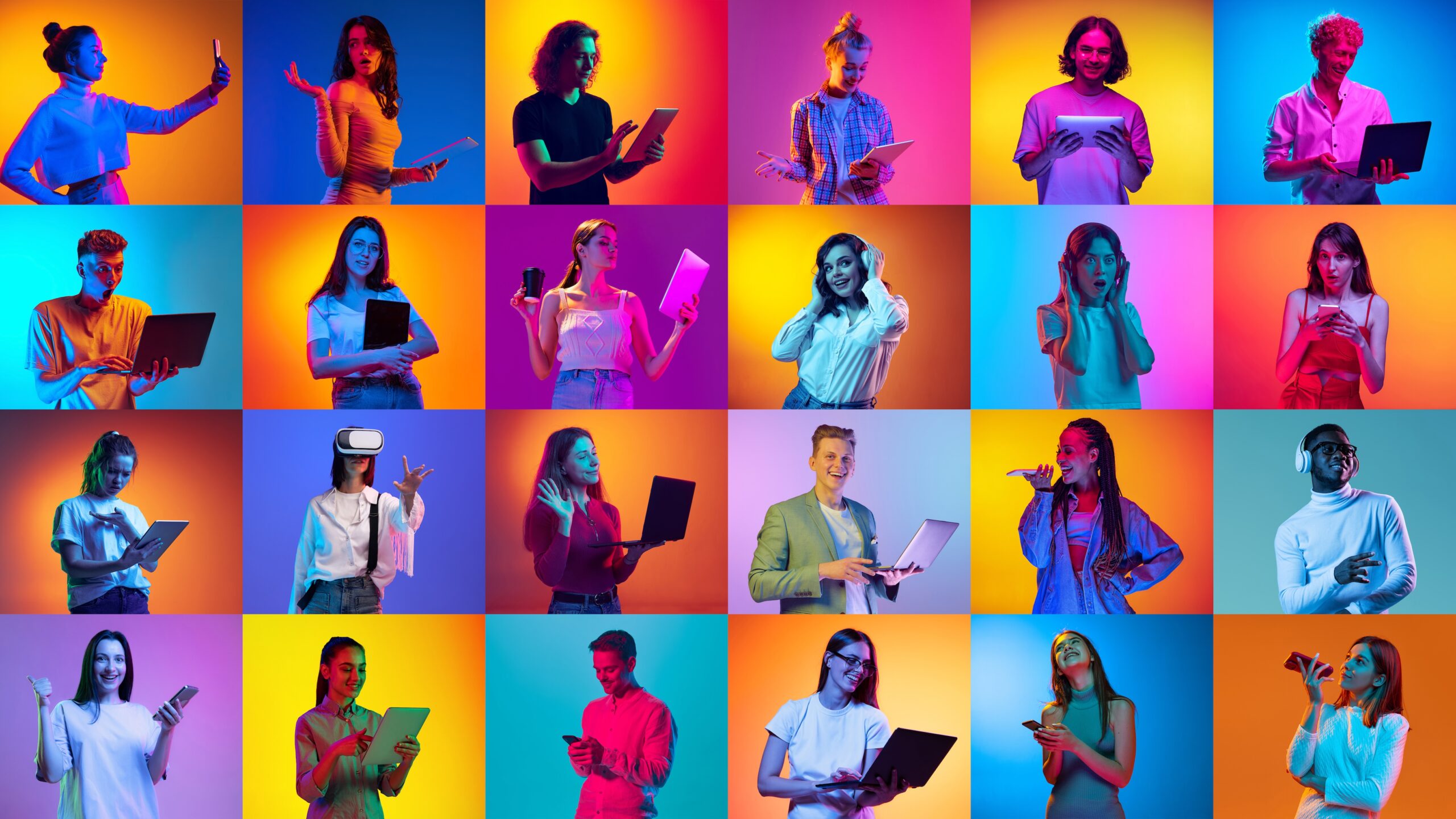 Collage of young people using various gadgets over multicolored background in neon light.