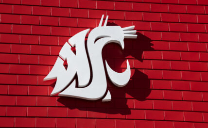 The Cougarhead emblem on the Chinook building on the campus of Washington State University.