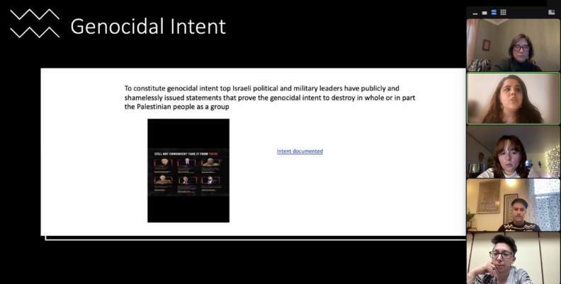 Screengrab from Zoom. A slide reads, "Genocidal Intent".