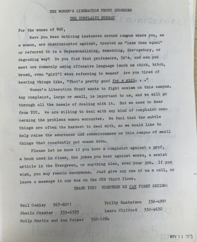 Image of letter submitted on November 14, 1973, by The Women’s Liberation Front Sponsors submit a letter to the Complaint Bureau to fight sexism on campus and invited anyone to submit complaints to the CUB third floor office.