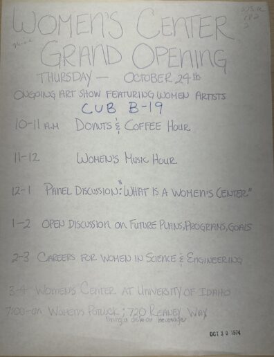Image of flyer for Women's Center Grand Opening on Thursday October 24, 1974.