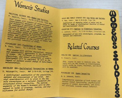 Image of Women's Studies Program Course and Events Pamphlet, September 9, 1974 second and third page details courses offered.