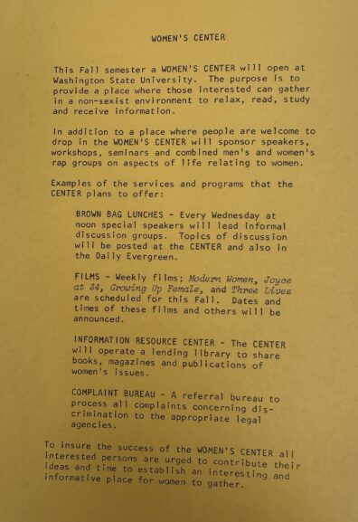 Image of Women's Studies Program Course and Events Pamphlet, September 9, 1974 last page details Women's Center opening in fall semester 1974.