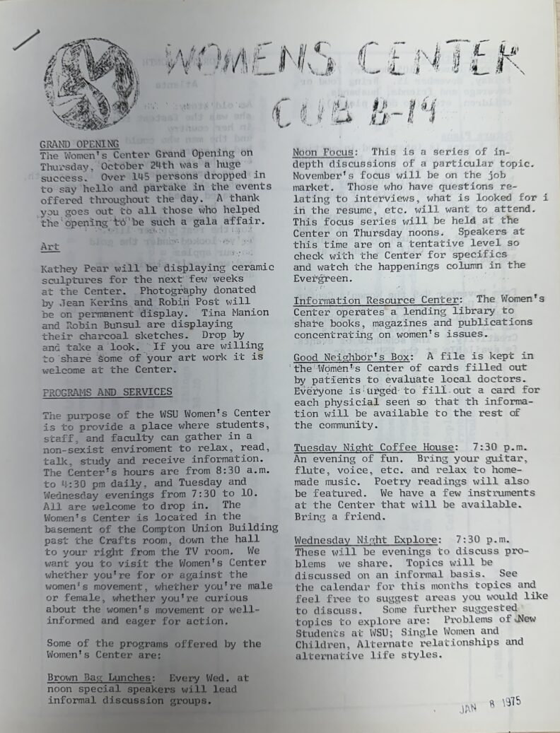 Image of The Northwest Women Studies Resource Bank Newsletter from January 8, 1975.