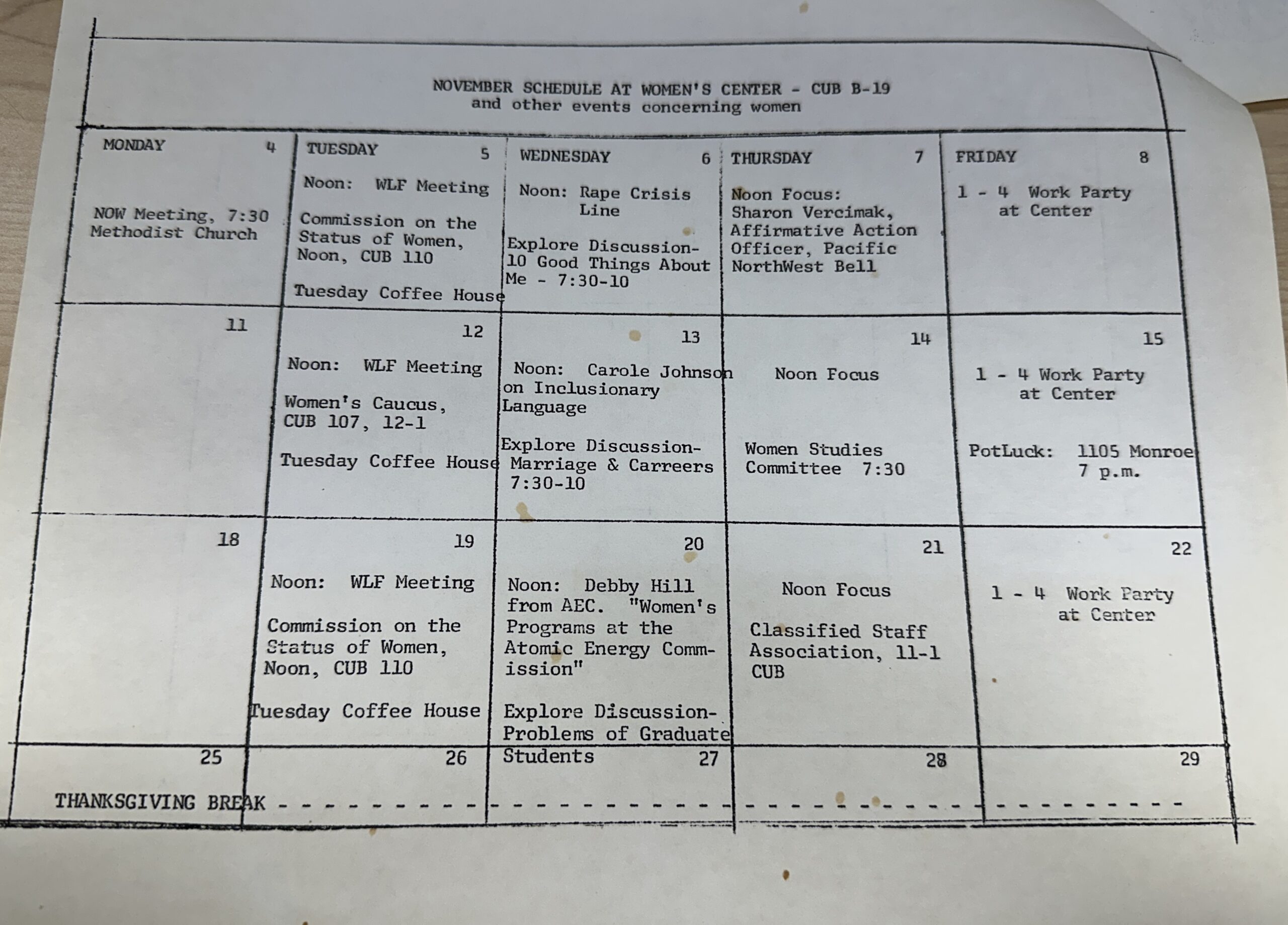 Image of November Schedule at Women's Center shared in The Northwest Women Studies Resource Bank Newsletter from January 8, 1975.