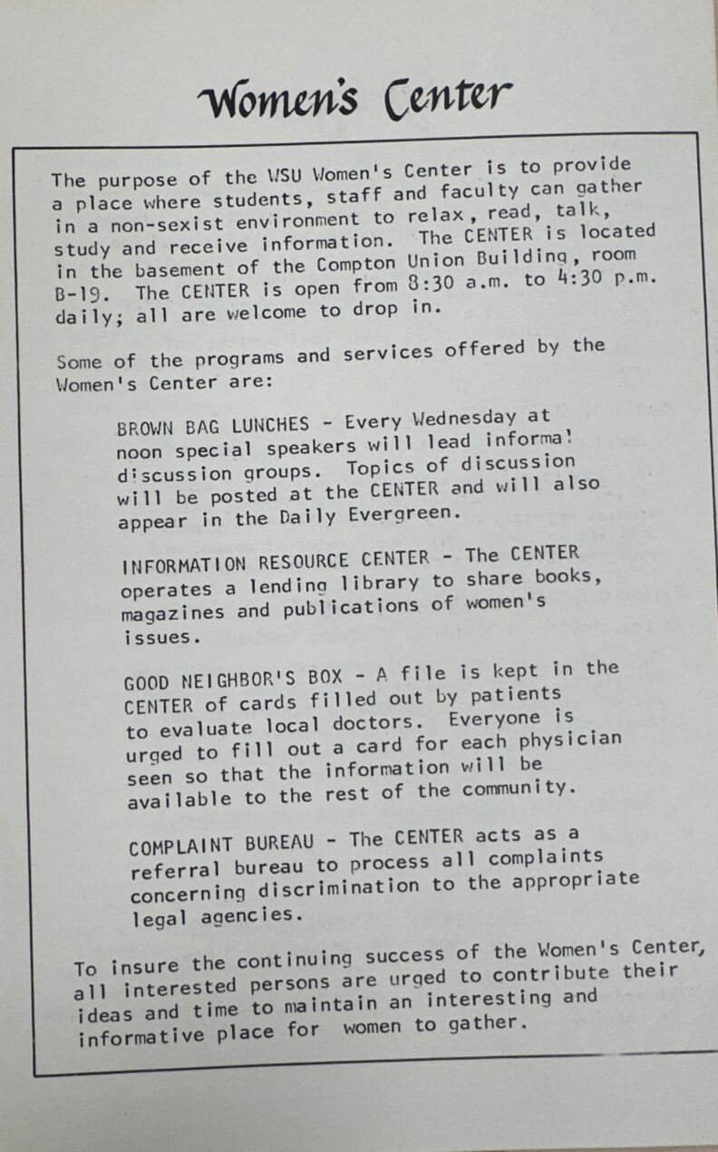 Image of Women's Studies Program Course and Events Pamphlet, September 24, 1975 last page announcing events for Women's Center.