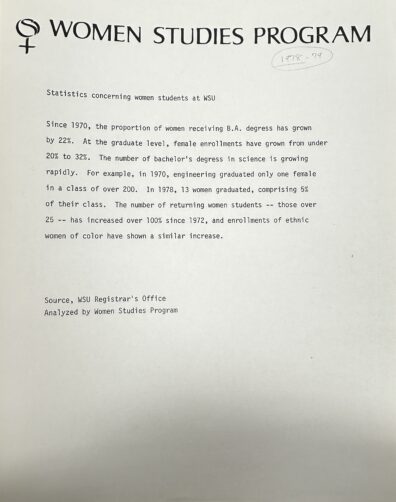 Image of statistics document around 1978-1979. Study conducted by the Women Studies Program which analyzed and presented statistics concerning women students at WSU.
