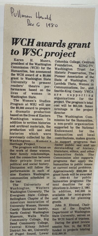 Image of newsclipping from Pullman Herald December 6, 1980 titled "WCH awards grant to WSC project". The Women's Studies Program at WSU received the Washington Commission for the Humanities award of $9000.