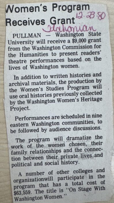 Image of newsclipping from Idahonian on December 23, 1980 titled "Women's Program Receives Grant". The Women's Studies Program at WSU received the Washington Commission for the Humanities award of $9000 to present readers' theatre performances based on the lives of Washington women.