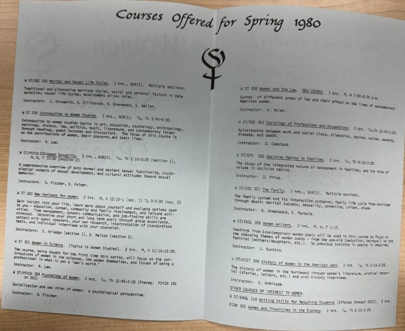 Image of the second and third pages detailing the courses offered for Spring 1980 in the Women Studies Program pamphlet from Spring 1980.