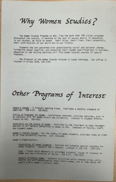Image of the last page detailingfor Spring 1980 in the Women Studies Program pamphlet from Spring 1980. Detailing information about Women Studies, and other programs of interest at WSU.