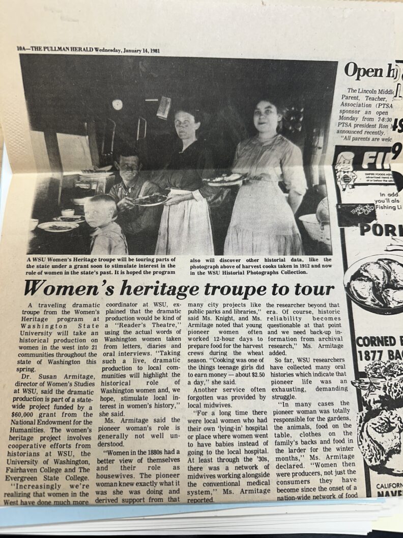 An image of a news clipping from the Pullman Herald on January 14, 1981 titled "Women's heritage troupe to tour".