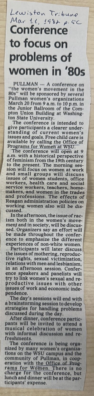 An image of a newsclipping from the Lewiston Tribune on March 11, 1982. Titled "Conference to focus on problems of women in '80s".