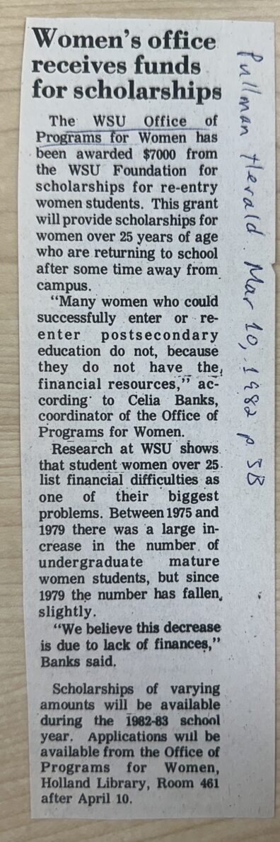 An image of a newsclipping from the Pullman Herald on March 10, 1982. Titled "Women's office receives funds for scholarships". The Pullman Herald Newspaper covers news that the WSU Office of Programs for Women has been awarded $700 from the WSU Foundation for scholarship for re-entry women students.