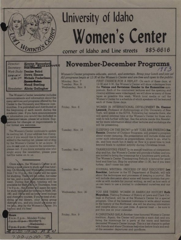 Image of a flyer about visiting scholar Eleanor Leacock, Professor of Anthropology, City University of New York visits WSU for a lecture on November 6, 1983. Sponsored by the Women Studies Program, the Department of Anthropology, and the Women in the Curriculum Project. Poster archives about the lecture are found both at Washington State University and University of Idaho.